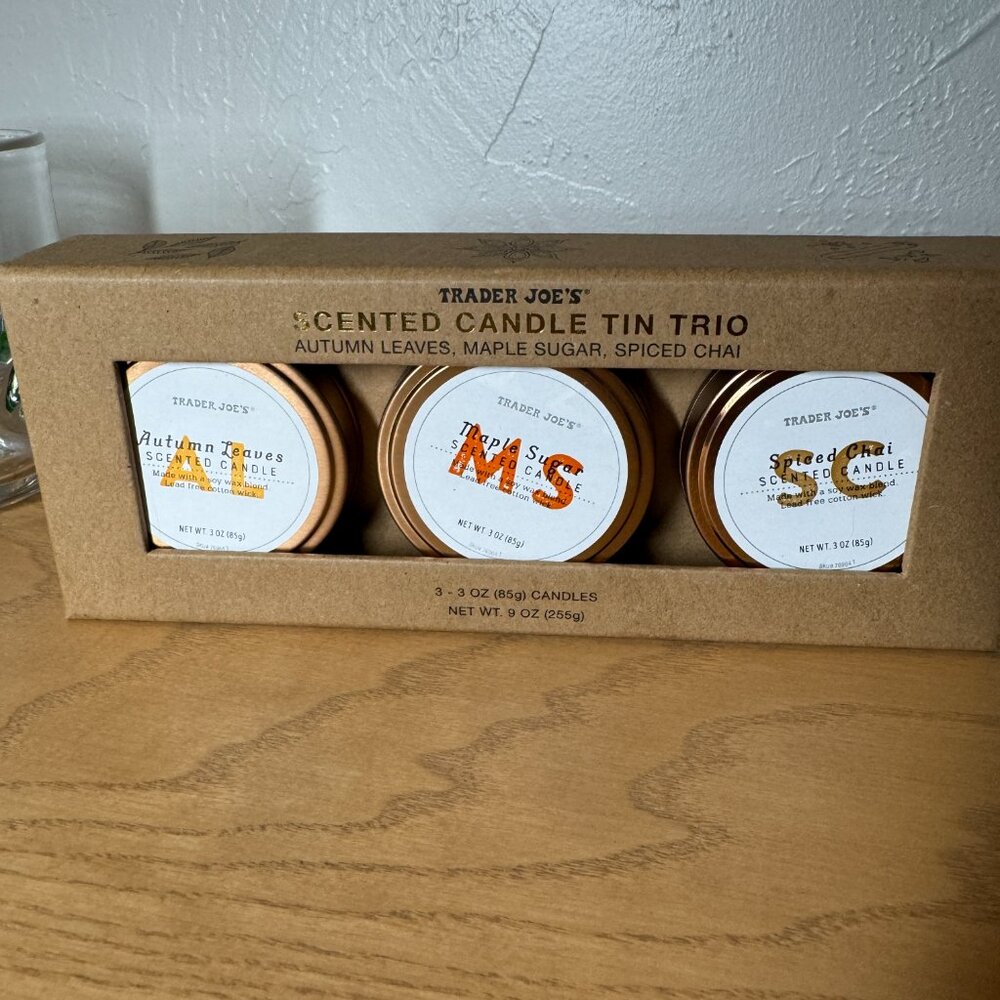 Trader Joe's Fall Scented Candle Tin Trio Candles Natural Soy Wax 3-3 oz NWT‎